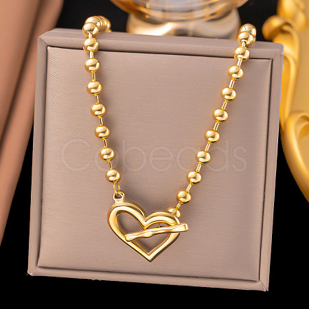 304 Stainless Steel OT Heart Pendant Ball Chain Necklaces for Women NJEW-C088-05G-1
