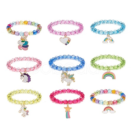 9Pcs 9 Style Acrylic Round Beaded Stretch Bracelets Set BJEW-JB08898-1