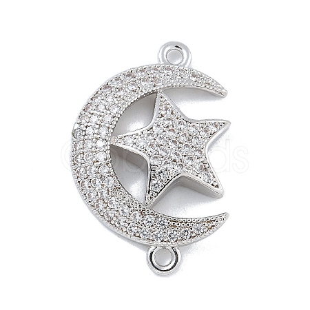 Rack Plating Brass Micro Pave Clear Cubic Zirconia Moon with Star Connector Charms KK-A234-056P-1