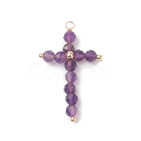 Natural Amethyst Faceted Round Copper Wire Wrapped Pendants PALLOY-JF02011-05-1