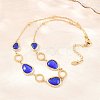 304 Stainless Steel Blue Glass Teardrop Ring Link Chian Necklaces for Women NJEW-D326-03G-1
