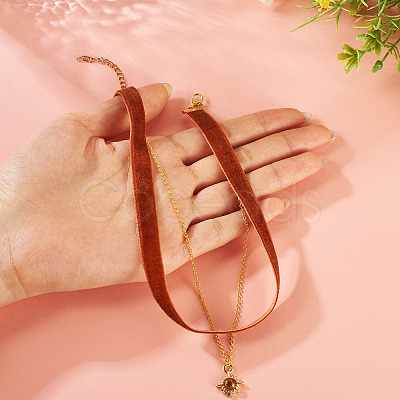 Alloy Resin Sun Pendant Single Face Dark Red Velvet Ribbon & Brass Chain Double Layered Choker Necklaces NJEW-TAC0039-1