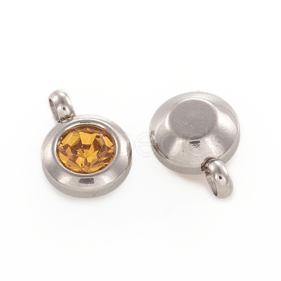 Trendy Original Color 304 Stainless Steel Grade A Rhinestone Flat Round Charm Pendants RB-M030-06R-1