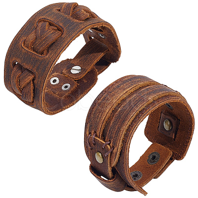 2Pcs 2 Styles Cowhide Cord Wide Cord Bracelets BJEW-CL0001-38B-1
