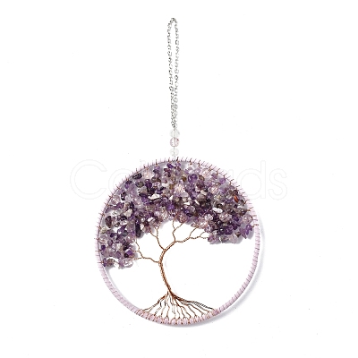 Wire Wrapped Chips Natural Amethyst Big Pendant Decorations HJEW-A005-07B-1