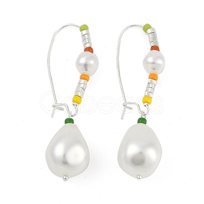 Brass & Glass & Plastic Imitation Pearl Teardrop Hoop Earrings EJEW-Q391-11S-1
