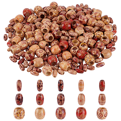 300Pcs 3 Styles Printed Natural Wood Beads WOOD-ME0001-12-1