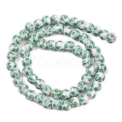 Handmade Flower Printed Porcelain Ceramic Beads Strands PORC-M005-6mm-07-1