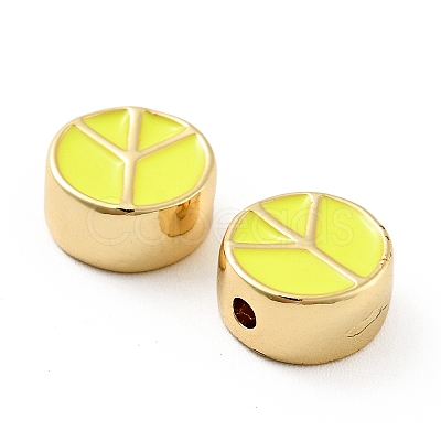 Flat Round with Peace Sign Brass Enamel Beads KK-G419-05G-08-1