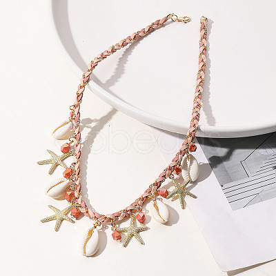 Summer Beach Natural Cowrie Shell & Glass & Alloy Starfish Pendant Double Layered Necklaces for Women FS-WGA7A0B-01-1