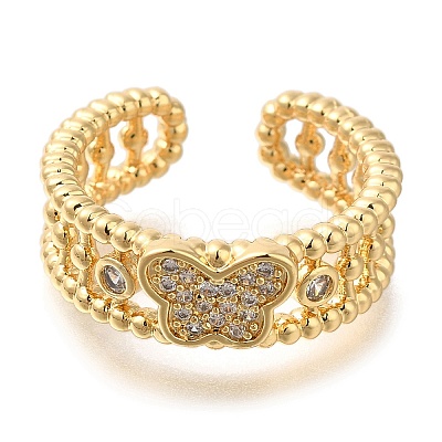 Rack Plating Brass Micro Pave Cubic Zirconia Open Cuff Rings for Women RJEW-S244-03G-B-1