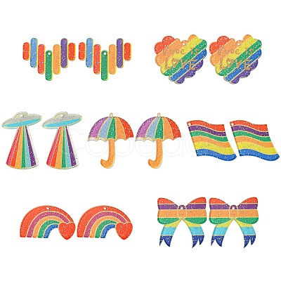 14Pcs 7 Shapes Rainbow Style Printed Acrylic Glitter Powder Pendants OACR-CJ0001-93-1