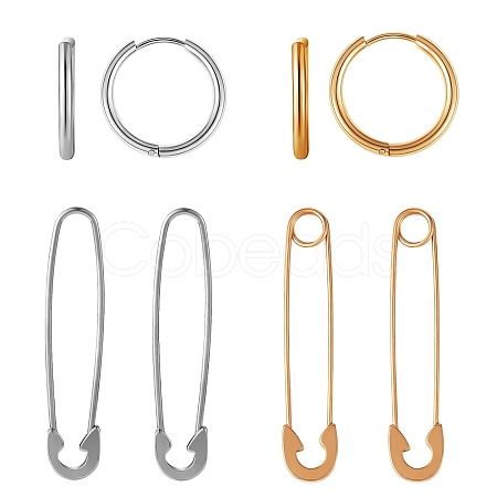 4Pair 4 Style Safety Pin & Ring 304 Stainless Steel Hoop Earrings for Women EJEW-SZ0001-84-1