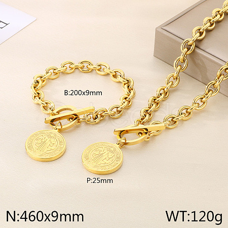 Flat Round with Saint Benedict 304 Stainless Steel Pendant Necklaces & Charm Bracelets Sets FS-WG2A73C-08-1