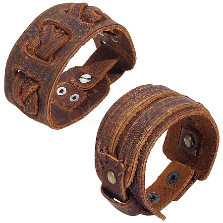 2Pcs 2 Styles Cowhide Cord Wide Cord Bracelets BJEW-CL0001-38B-1