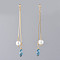 Long Chain Earrings, Brass Dangle Stud Earrings, with Glass Beads and Earring Backs, Golden, Blue, 83mm, Pin: 0.7mm