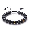 10MM Natural Black Onyx(Dyed & Heated) and Tiger Eye Alphabet Round Braided Bead Adjustable Bracelets for Women DM6424-15-1