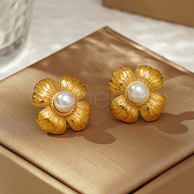 Classic 304 Stainless Steel Imitation Pearl Flower Stud Earrings GL7726-1