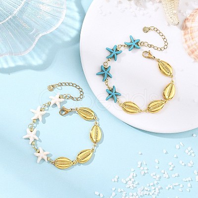 2Pcs 2 Styles 304 Stainless Steel & Synthetic Turquoise Link Chain Bracelets for Women BJEW-JB13870-1