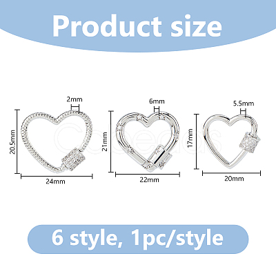 6Pcs 6 Styles Brass Micro Pave Clear Cubic Zirconia Screw Carabiner Lock Charms ZIRC-DC0001-40-1