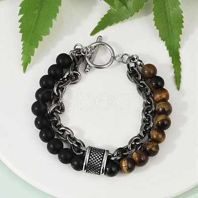 Natural Round Tiger Eye & Frosted Black Bead Bracelets BJEW-M081-01B-1