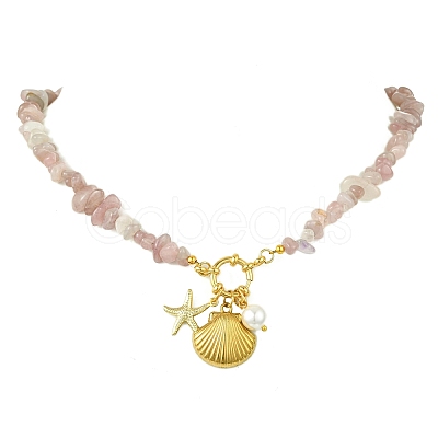 Ocean 304 Stainless Steel Shell Shape Starfish & Shell Pearl Pendant Necklaces NJEW-JN06023-1