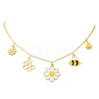Flower & Bees & Honeycomb Alloy & Glass Pendant Necklaces X1-NJEW-TA00165-1