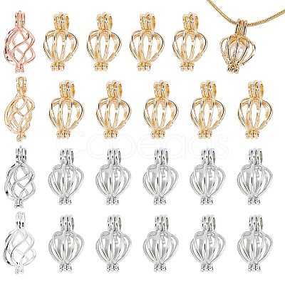 24Pcs 3 Styles Hollow Out Brass Alloy Bead Cage Pendants KK-HS0015-93-1