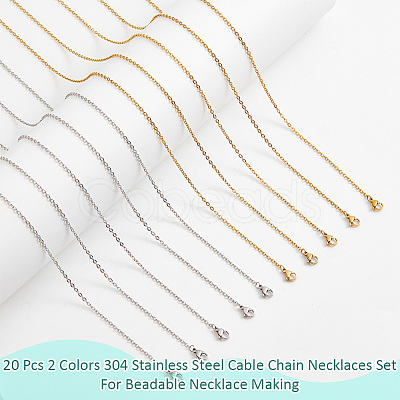 20Pcs 2 Colors 304 Stainless Steel Cable Chain Necklaces Set MAK-NB0001-23-1