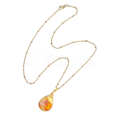 Natural Amber Teardrop Pendant 304 Stainless Steel Satellite Chain Necklaces NJEW-JN05983-01-1