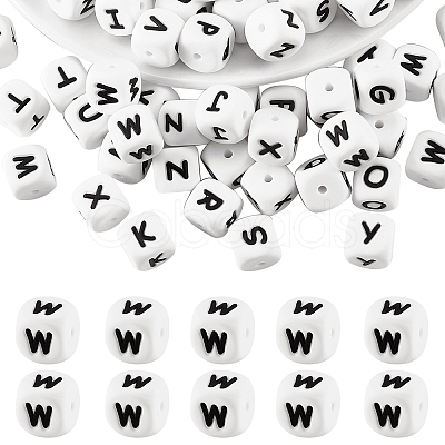20Pcs White Cube Letter Silicone Beads SIL-YWC0003-06W-1