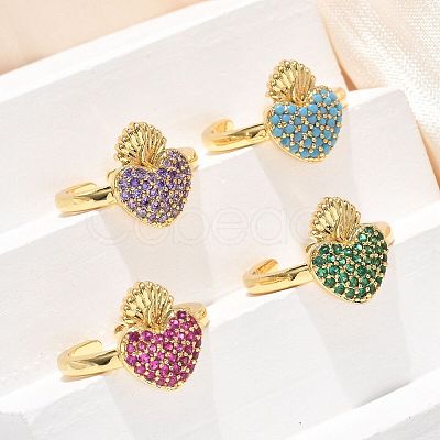 Sacred Heart Brass Micro Pave Cubic Zirconia Cuff Rings for Women RJEW-B117-01G-1