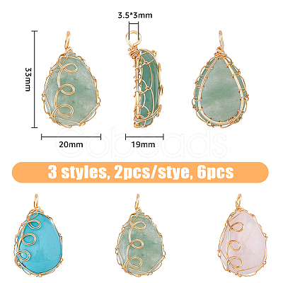 6Pcs 3 Styles Mixed Gemstone Copper Wire Wrapped Pendants FIND-FH0007-92-1