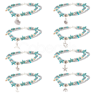 ANATTASOUL 8Pcs 8 Style Synthetic Turquoise Starfish & Seed & Resin Beaded Double Layer Multi-strand Anklets Set AJEW-AN0001-03-1