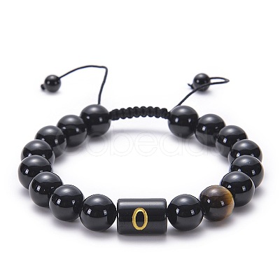10MM Natural Black Onyx(Dyed & Heated) and Tiger Eye Alphabet Round Braided Bead Adjustable Bracelets for Women DM6424-15-1