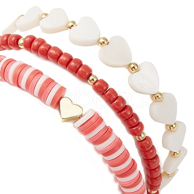 3Pcs 3 Style Polymer Clay Heishi & Natural Shell Heart & Seed Beaded Stretch Bracelets Set for Valentine's Day BJEW-TA00290-1