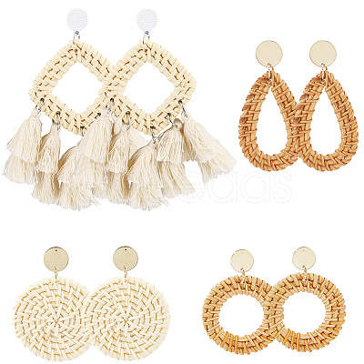 4 Pairs 4 Styles Rattan Dangle Stud Earrings EJEW-SP0001-16C-1