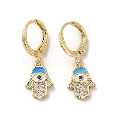 Hamsa Hand with Evil Eye Real 18K Gold Plated Brass Dangle Leverback Earrings EJEW-Q797-04A-02G-1