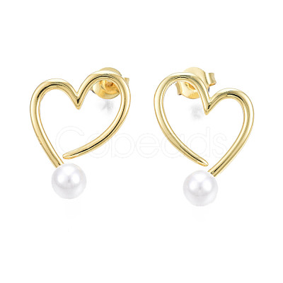 Brass Open Heart Stud Earrings with ABS Plastic Pearl for Women EJEW-N011-54LG-1