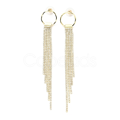 Clear Cubic Zirconia & Crystal Rhinestone Long Tassel Dangle Stud Earrings EJEW-C037-07G-LG-1