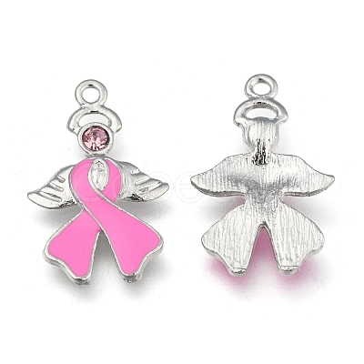 Breast Cancer Awareness Ribbon with Angel Wing Platinum Color Pearl Pink Alloy Rhinestone Enamel Pendants X-ENAM-D001-2-1