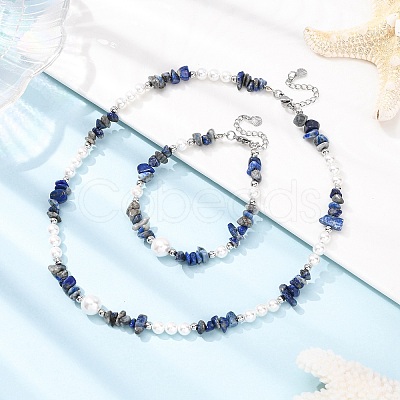 Natural Lapis Lazuli Chip Beads Bracelets & Necklaces Sets SJEW-JS01357-02-1