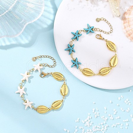 2Pcs 2 Styles 304 Stainless Steel & Synthetic Turquoise Link Chain Bracelets for Women BJEW-JB13870-1
