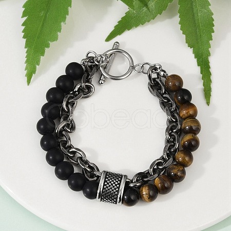 Natural Round Tiger Eye & Frosted Black Bead Bracelets BJEW-M081-01B-1