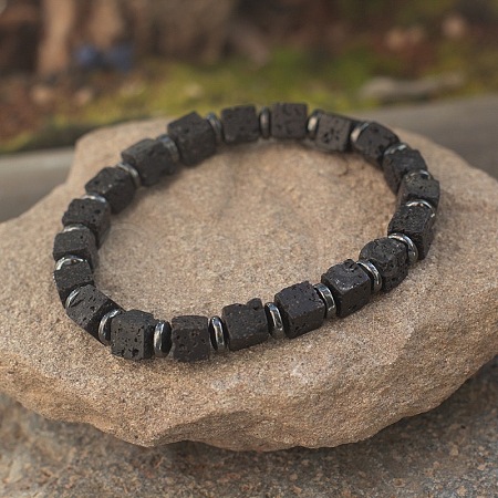 Cube Natural Lava Rock & Synthetic Non-magnetic Hematite Beads Stretch Bracelets for Women Men PF6426-17-1