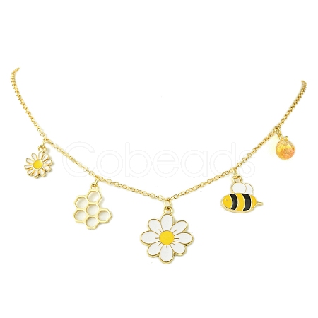 Flower & Bees & Honeycomb Alloy & Glass Pendant Necklaces X1-NJEW-TA00165-1