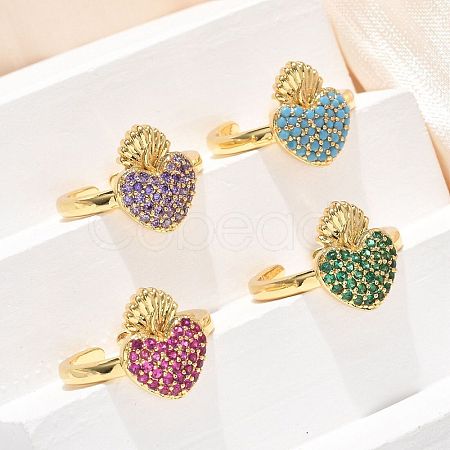 Sacred Heart Brass Micro Pave Cubic Zirconia Cuff Rings for Women RJEW-B117-01G-1