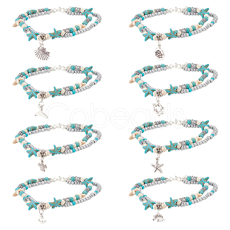 ANATTASOUL 8Pcs 8 Style Synthetic Turquoise Starfish & Seed & Resin Beaded Double Layer Multi-strand Anklets Set AJEW-AN0001-03-1