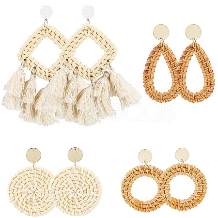 4 Pairs 4 Styles Rattan Dangle Stud Earrings EJEW-SP0001-16C-1