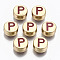 Alloy Enamel Beads, Cadmium Free & Lead Free, Flat Round with Initial Letters, Light Gold, Brown, Letter.P, 8x4mm, Hole: 1.5mm